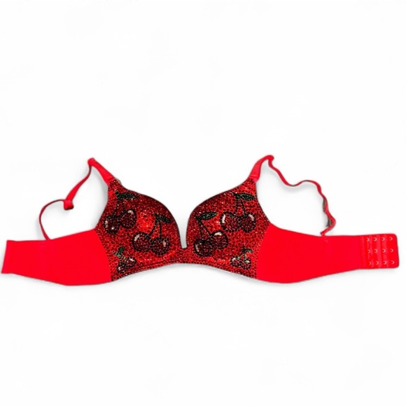 Cherry Theme Crystal Rhinestone Sparkly Classic Red Glam Bling Wireless Bra Top - Picture 6 of 15